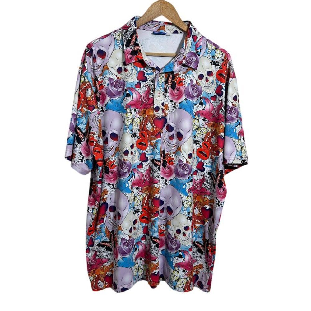 Hreski Men's Performance Polo Golf Shirt XL Skulls Colorful Flowers Tattoos